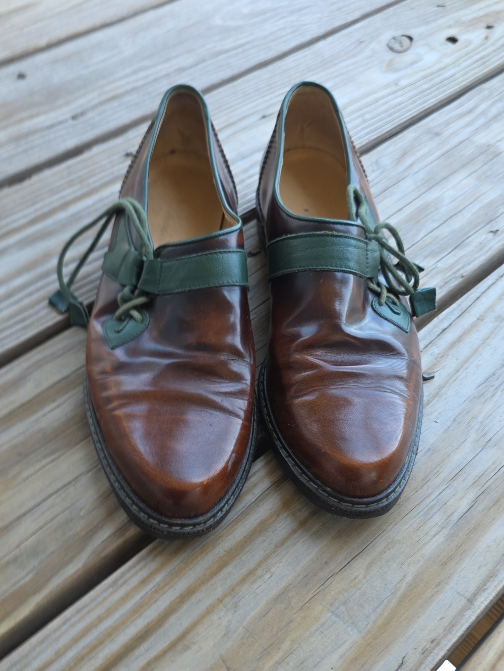 Women's Two-Tone Brown and Green Leather Oxfords